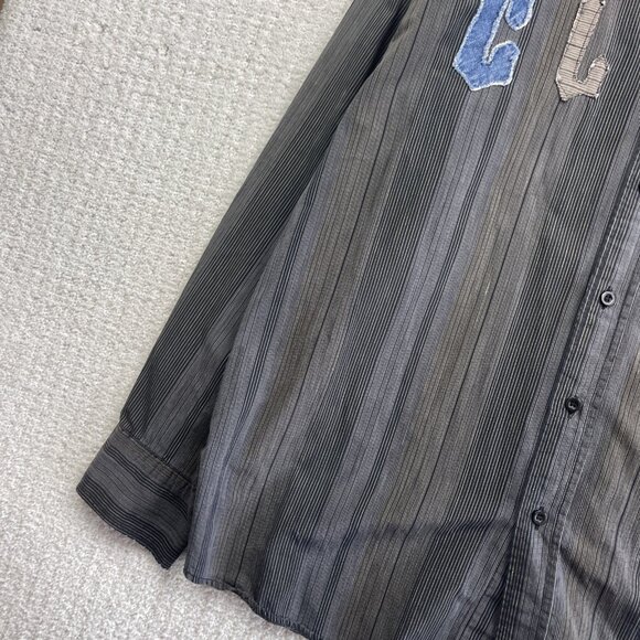 Y2K Clint Long Sleeve Button Up Shirt Grey Striped Trapstar Style Hip-Hop Men L - Picture 3 of 15